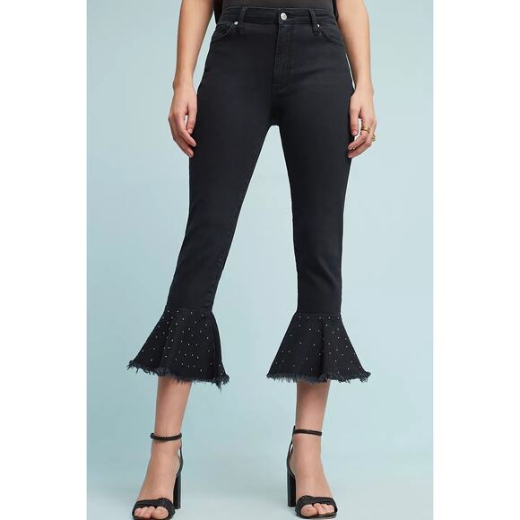Anthropologie Pilcro Embellished Slim Flounced Flare Crop Jeans Washed Black - Picture 4 of 12
